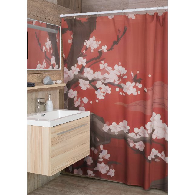  Japanese Artstyle White Cherry Blossom Red  Shower Curtain (Creator Uploaded)
