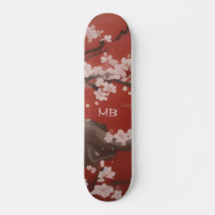  Japanese Artstyle White Cherry Blossom Red Skateboard