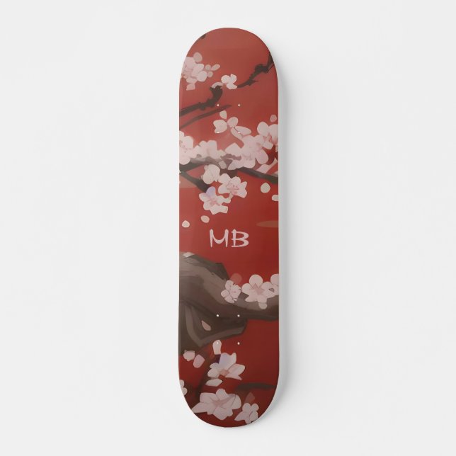  Japanese Artstyle White Cherry Blossom Red Skateboard (Front)