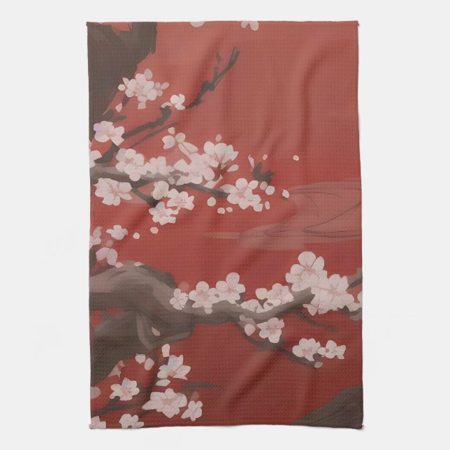  Japanese Artstyle White Cherry Blossom Red Tea Towel (Vertical)