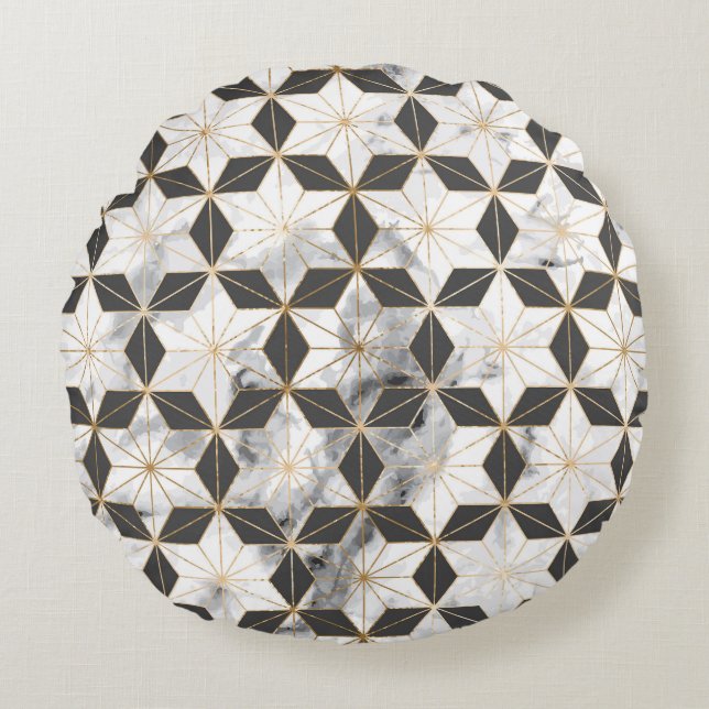 Japanese Asanoha: Gold Marble Pattern. Round Cushion (Front)