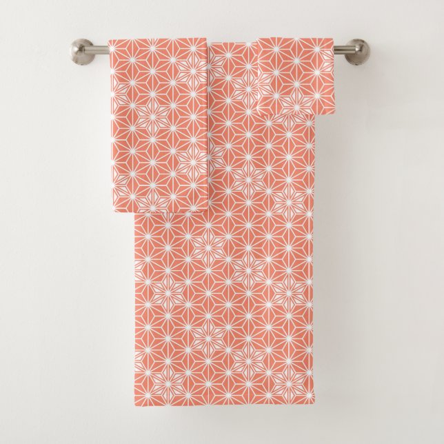 Japanese Asanoha or Star Pattern - coral pink Bath Towel Set (Insitu)
