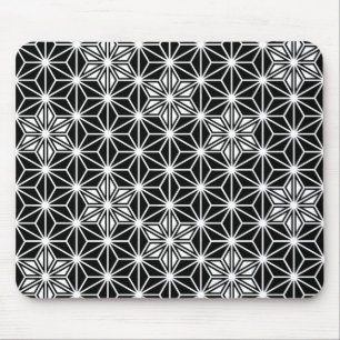 Japanese Asanoha pattern - black and white Mouse Mat