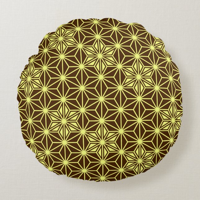 Japanese Asanoha pattern - brown and yellow Round Cushion (Front)