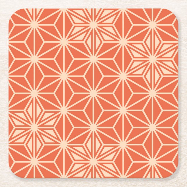 Japanese Asanoha pattern - coral orange Square Paper Coaster (Front)