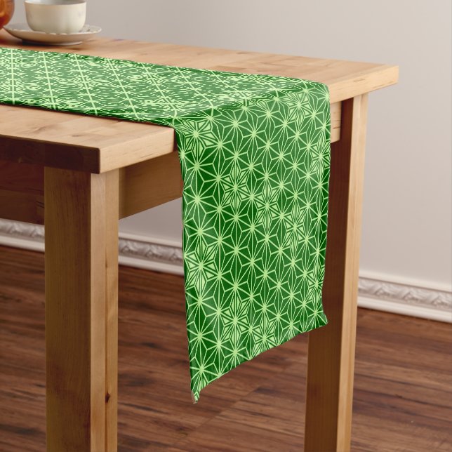 Japanese Asanoha Pattern, Emerald and Lime Green Short Table Runner (In Situ)