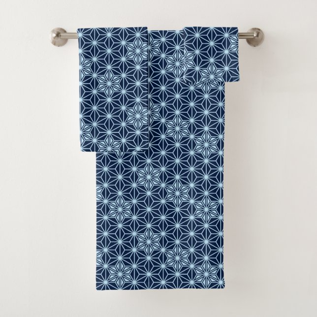 Japanese Asanoha Pattern, Indigo and Light Blue   Bath Towel Set (Insitu)