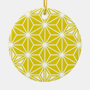 Japanese Asanoha pattern - mustard gold and white Ceramic Tree Decoration