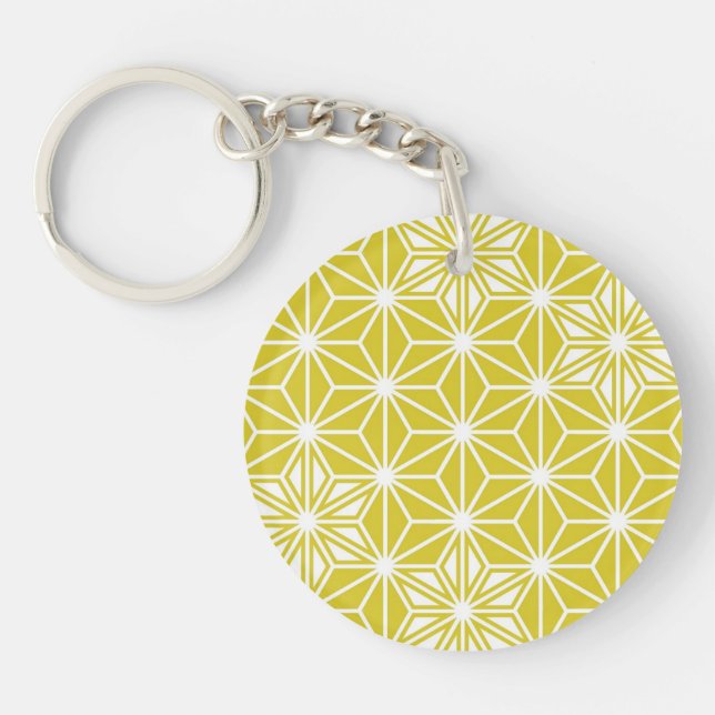 Japanese Asanoha pattern - mustard gold and white Key Ring (Front)