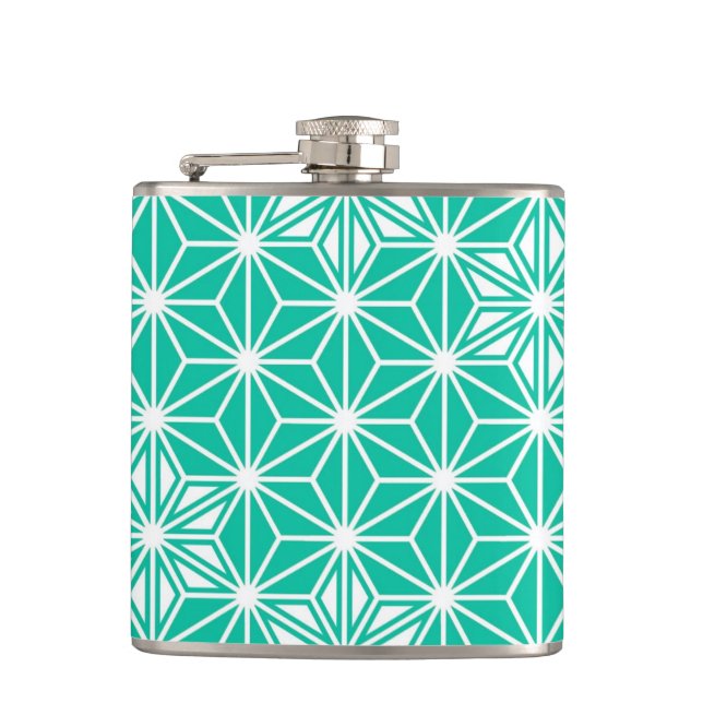 Japanese Asanoha pattern - peacock blue Hip Flask (Front)