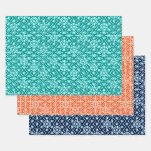 Japanese Asanoha pattern, Turquoise, Coral, Blue Wrapping Paper Sheet