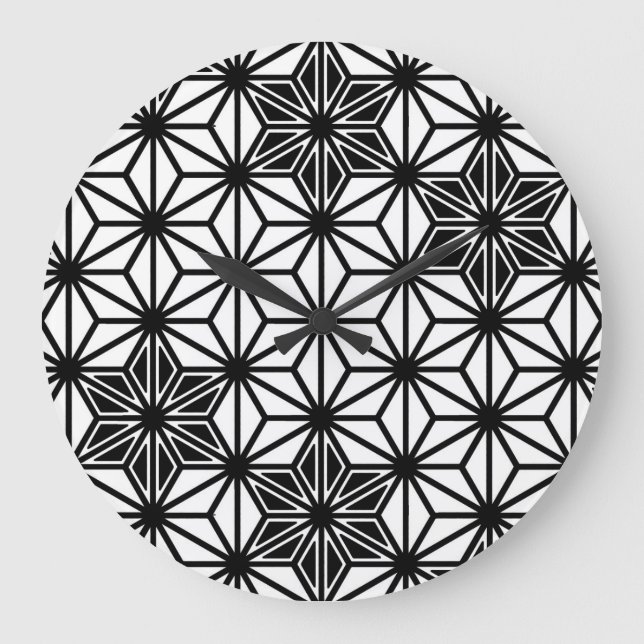 Japanese Asanoha pattern - white and black Large Clock (Front)