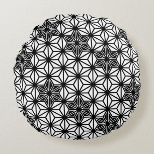 Japanese Asanoha pattern - white and black Round Cushion