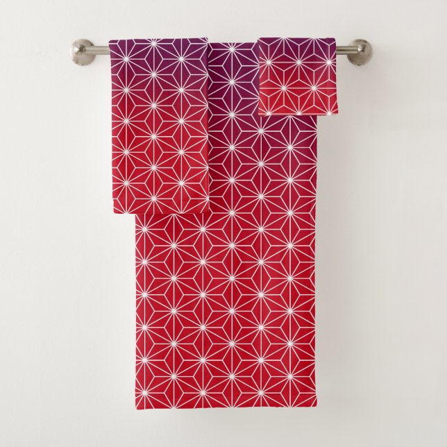 Japanese Asanoha Traditional Print Red & Purple Bath Towel Set (Insitu)