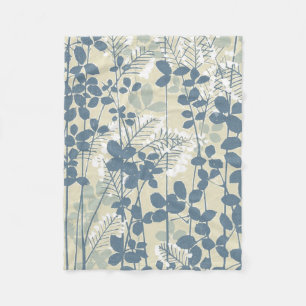 Japanese Asian Blue Leaf Flower Fleece Blanket