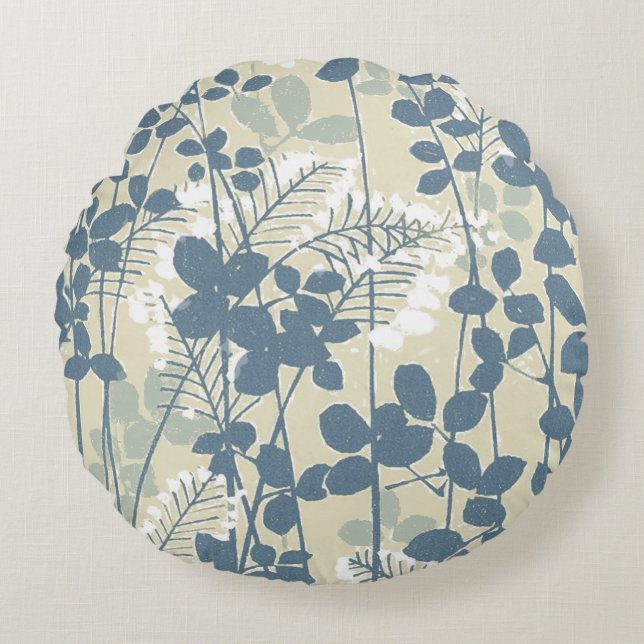 Japanese Asian Blue Leaf Flower Round Cushion (Front)