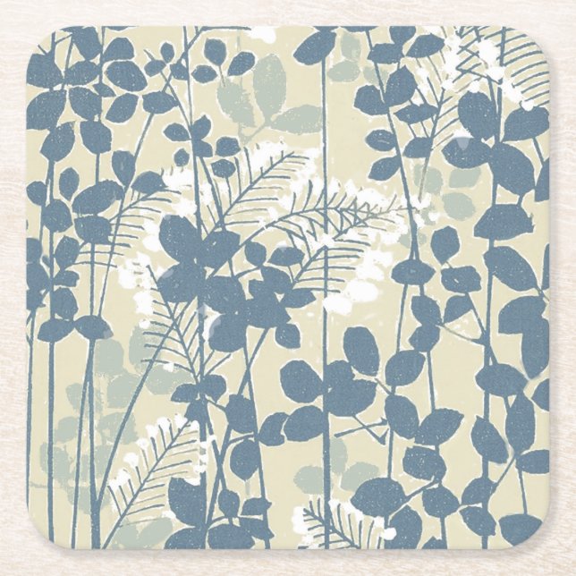 Japanese Asian Blue Leaf Flower Square Paper Coaster (Front)