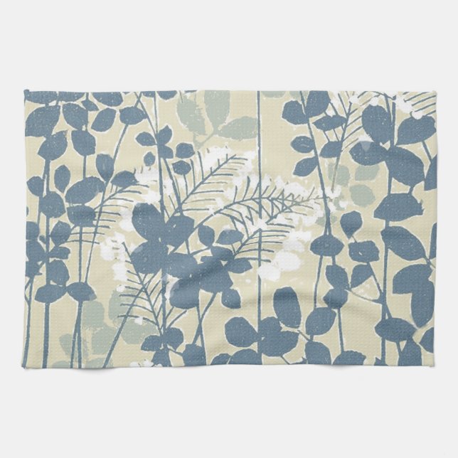 Japanese Asian Blue Leaf Flower Tea Towel (Horizontal)