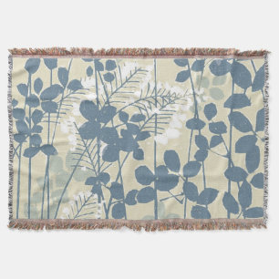 Japanese Asian Blue Leaf Flower Throw Blanket