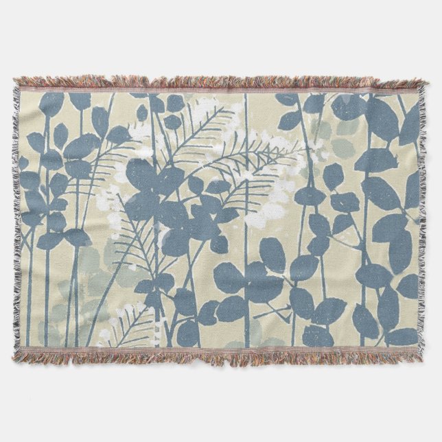 Japanese Asian Blue Leaf Flower Throw Blanket (Front)