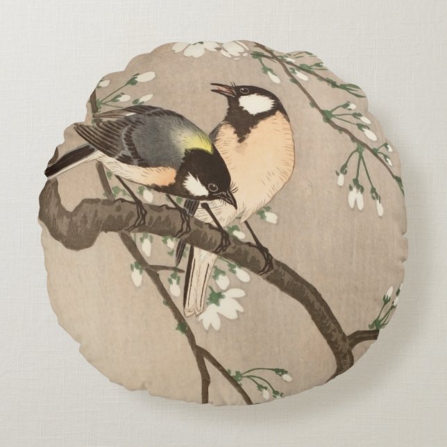 Japanese Asian Koson Bird Chickadee Songbird Round Cushion (Front)