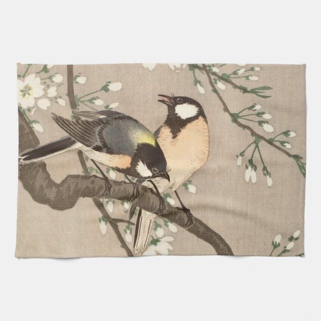 Japanese Asian Koson Bird Chickadee Songbird Tea Towel (Horizontal)