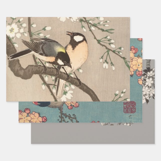 Japanese Asian Koson Bird Chickadee Songbird Wrapping Paper Sheet (Set)