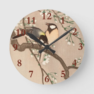 Japanese Asian Ohara Koson Bird Chickadee Songbird Round Clock