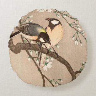 Japanese Asian Ohara Koson Bird Chickadee Songbird Round Cushion
