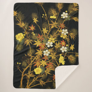 Japanese Autumn Leaves Antique Botanical Sherpa Blanket