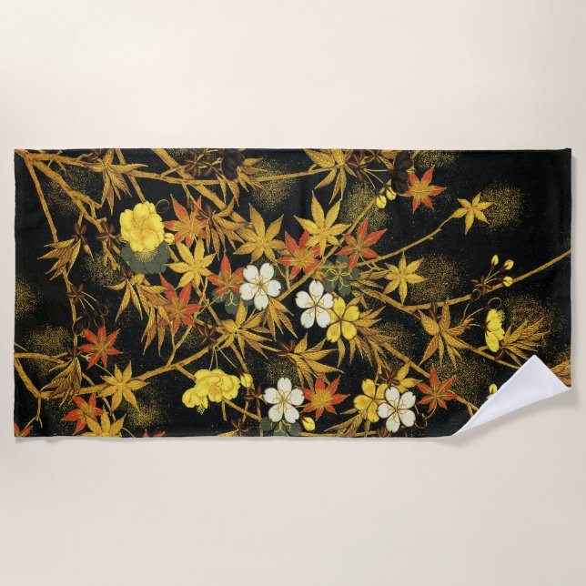 Japanese Autumn Leaves Antique Rich Classic Art Beach Towel (Front)