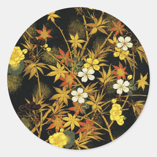 Japanese Autumn Leaves Antique Rich Classic Art Classic Round Sticker (Front)