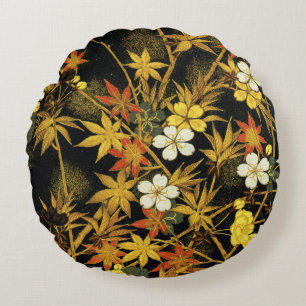 Japanese Autumn Leaves Antique Rich Classic Art Round Cushion