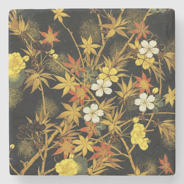 Japanese Autumn Leaves Antique Rich Classic Art Stone Coaster (Front)