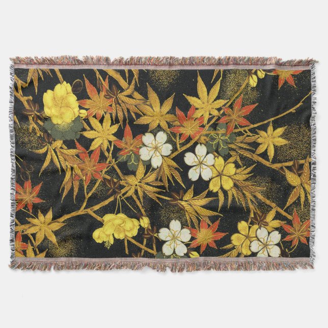 Japanese Autumn Leaves Antique Rich Classic Art Throw Blanket (Front)