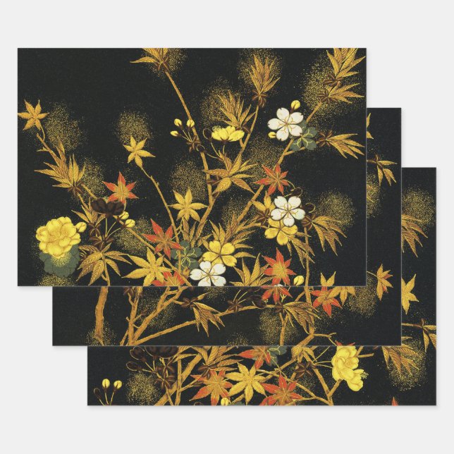 Japanese Autumn Leaves Antique Rich Classic Art Wrapping Paper Sheet (Set)