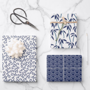 Japanese Bamboo Seigaiha white and blue Wrapping Paper Sheet