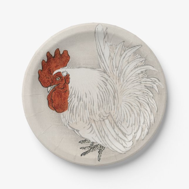 Japanese Bantam Rooster Kono Bairei Watercolor  Paper Plate (Front)