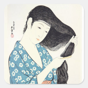 Japanese Beauty Combing Her Hair Square Sticker