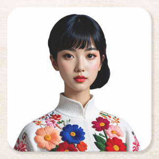 Japanese beauty pinup square paper coaster