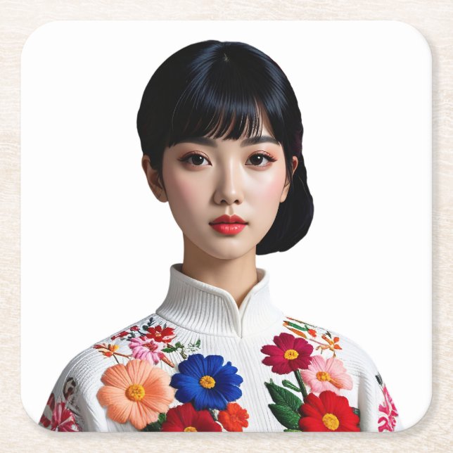 Japanese beauty pinup square paper coaster (Front)