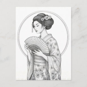Japanese Beauty with Folding Fan Postcard