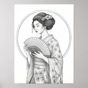 Japanese Beauty with Folding Fan Poster