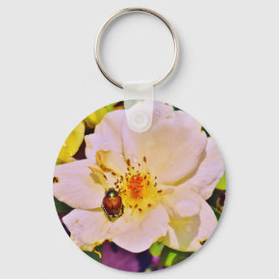 Japanese Beetle on White Rose Key Ring