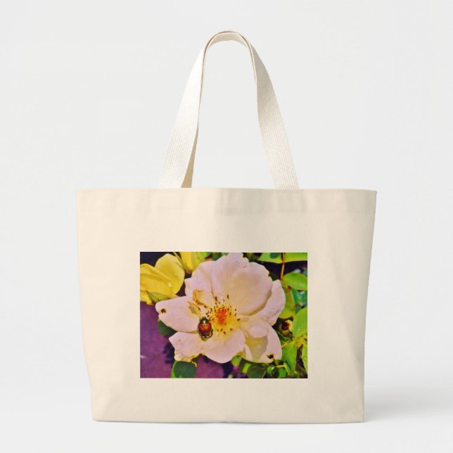 Japanese Beetle on White  Rose Large Tote Bag (Front)