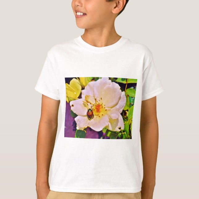 Japanese Beetle on White  Rose T-Shirt (Front)