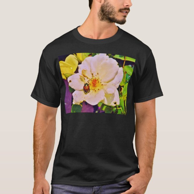 Japanese Beetle on White  Rose T-Shirt (Front)