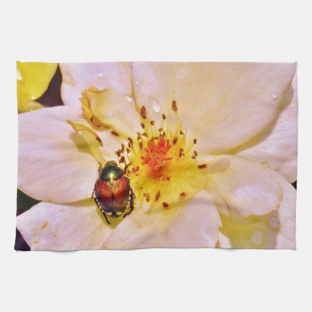 Japanese Beetle on White  Rose Tea Towel (Horizontal)