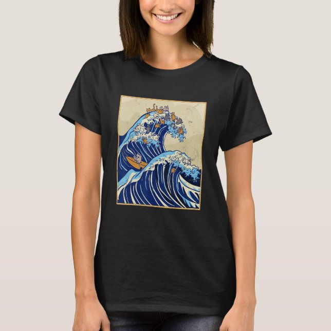 Japanese Big Wave of Cats Surfing Kanagawa Wave Vi T-Shirt (Front)
