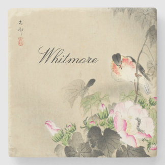 Japanese Bird and Pink Blossoms Vintage Print Stone Coaster